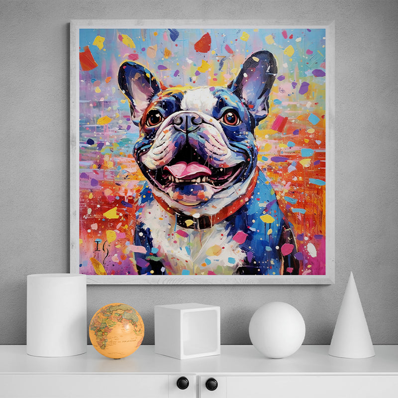 Framed dog art of a colorful French Bulldog painting in modern decor