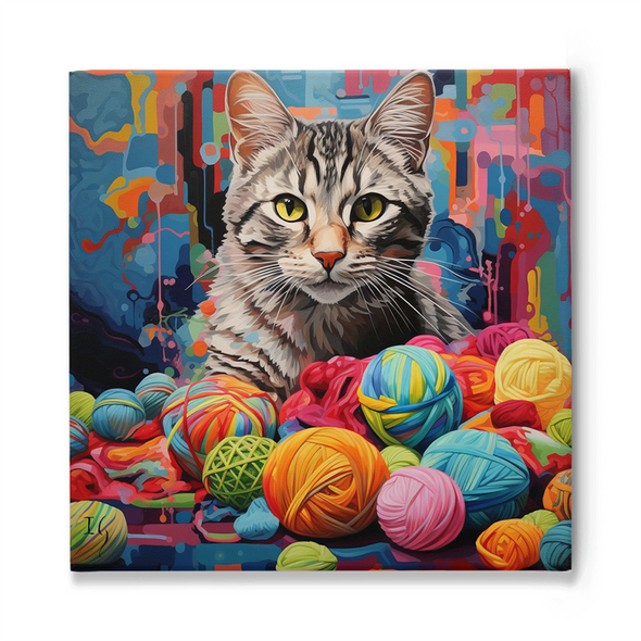 A close-up of a tabby cat with striking yellow eyes, surrounded by a vibrant assortment of yarn balls in a myriad of colors. The background bursts with abstract splashes and drips of paint in a kaleidoscopic array.