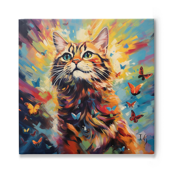 A fluffy feline with mesmerizing blue eyes stands majestically next to a vibrant bicycle. The bike's basket holds an assortment of colorful flowers, and the entire scene is set against a kaleidoscopic backdrop of swirling, abstract colors and shapes.