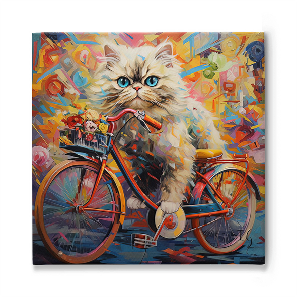 A fluffy feline with mesmerizing blue eyes stands majestically next to a vibrant bicycle. The bike's basket holds an assortment of colorful flowers, and the entire scene is set against a kaleidoscopic backdrop of swirling, abstract colors and shapes.