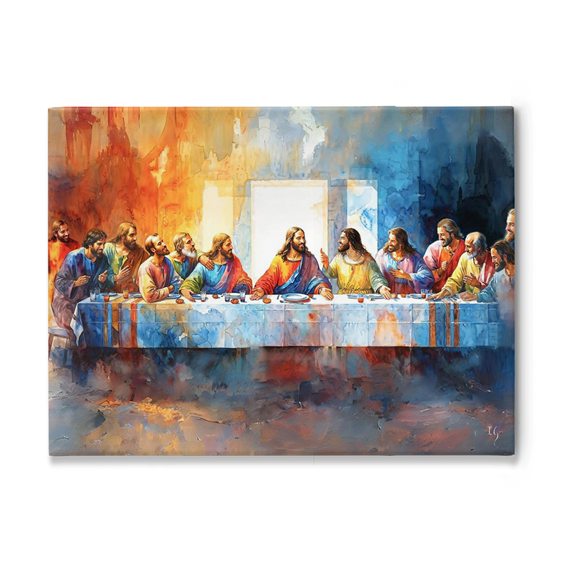 Colorful painting of The Last Supper with Jesus and his disciples.