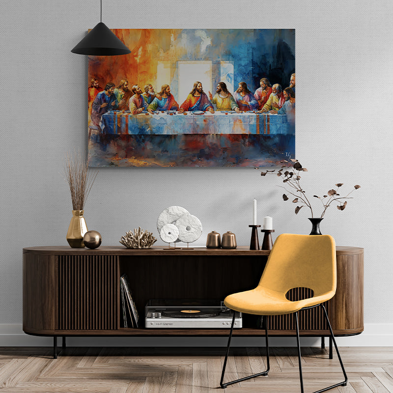 Framed painting of The Last Supper with Jesus and disciples, ideal for religious decor.