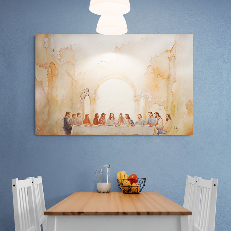 Framed painting of The Last Supper with Jesus and his disciples, enhancing the dining room decor.