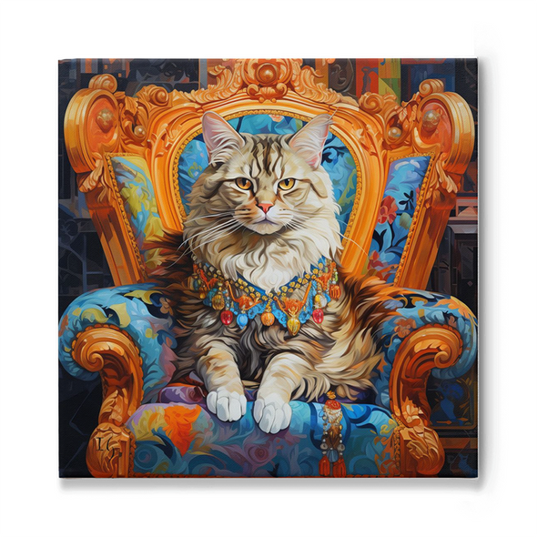 A majestic and intricately detailed tabby cat with a golden necklace adorned with vibrant gems, sits regally atop a lavish, ornate throne with swirling patterns of blue and gold. The backdrop showcases a mosaic of abstract and geometric shapes.