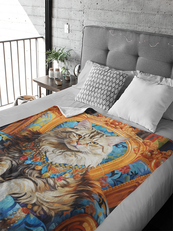 Heartwarming artwork featuring a fluffy cat adorned in regal golden attire on a blue floral-themed chair