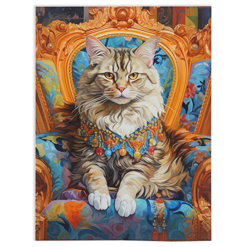 Soulful-eyed feline in ornate golden robes on a golden chair with a blue floral theme