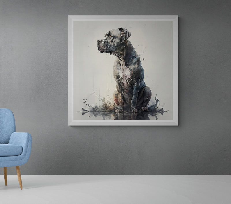 Digital painting of a mastiff in contemplation, surrounded by delicate watercolor effects and subtle details.