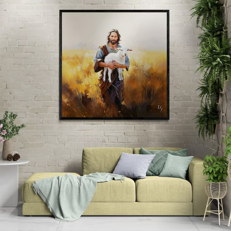 Framed painting of Jesus holding a lamb, enhancing the serene home decor.