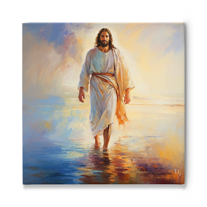 Painting of Jesus walking on water, symbolizing faith and divine power.