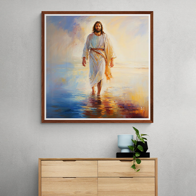 Framed painting of Jesus walking on water, adding divine grace to modern home decor.