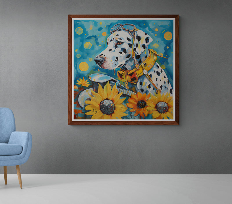 In a mesmerizing scene, a contemplative dalmatian sports a pair of trendy glasses and a bright yellow scarf. Behind the dog, a whirlwind of blue and gold swirls, while bold sunflowers, some with intriguing cogwheel centers, add depth and contrast, suggesting a harmonious fusion of nature and machinery.