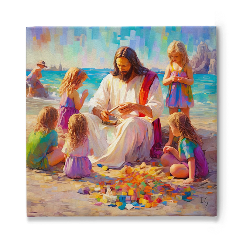 Painting of Jesus on the beach surrounded by children, sharing moments of joy.