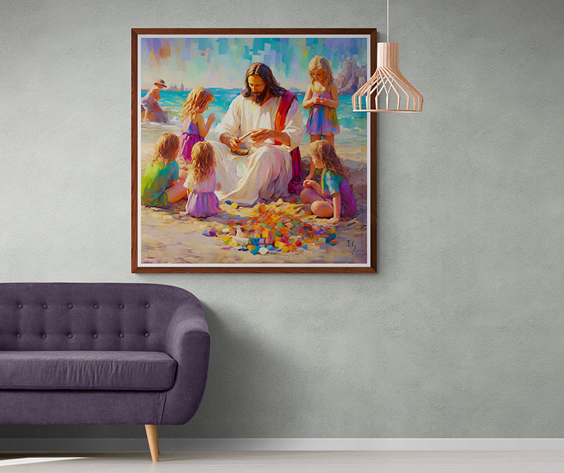 Vibrant painting of Jesus teaching children on a sunny beach.