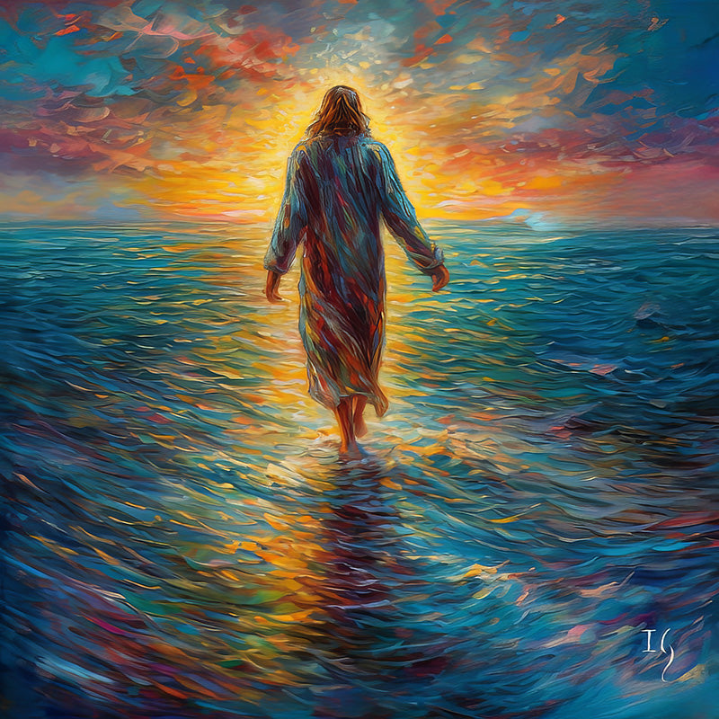 Serene Savior Jesus - Ethereal depiction of an individual treading on water, encapsulated by a dramatic interplay of fiery sunset colors and cool oceanic tones.