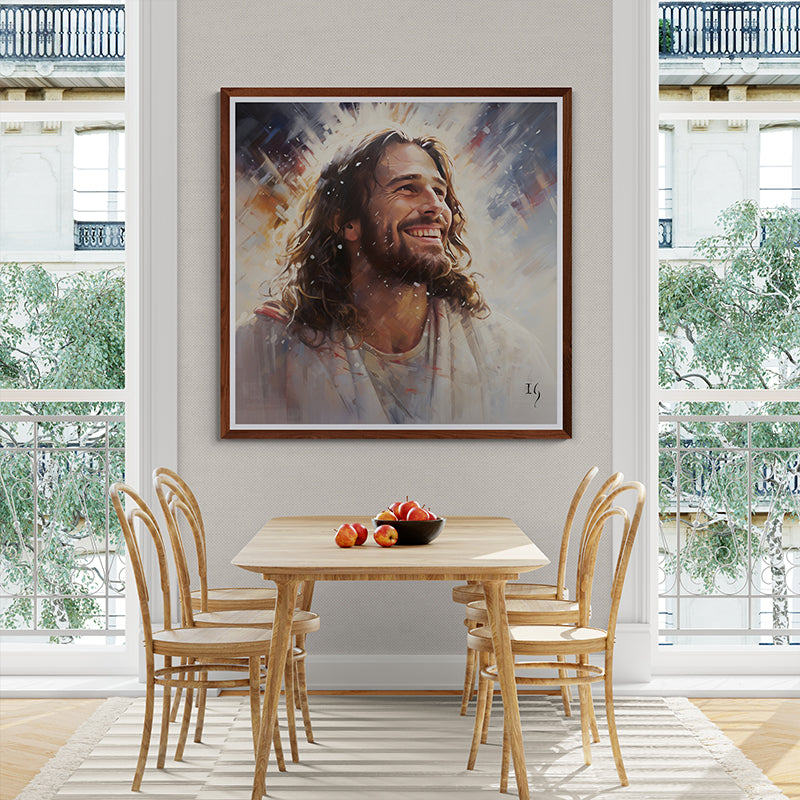 Framed painting of Jesus smiling, displayed in a dining room with large windows.