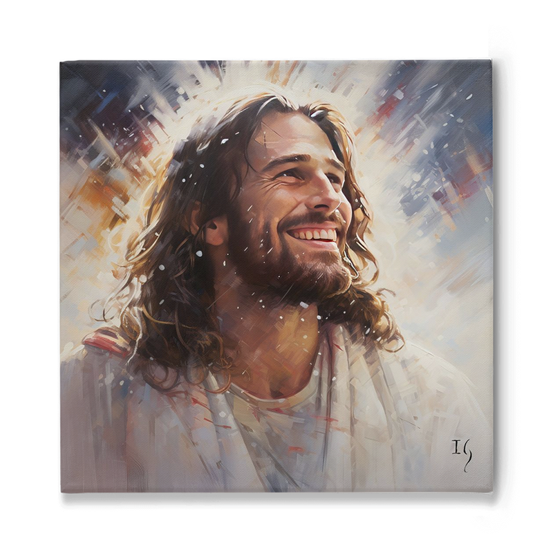 Portrait of Jesus with a joyful expression, surrounded by bright light and dynamic colors.