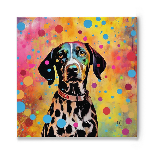 A lively and spirited portrait of a Dalmatian, its face and coat adorned with colorful hues of blue, pink, and yellow. The dog, wearing a red collar, gazes attentively against a vivid backdrop sprinkled with multicolored dots and splatters.