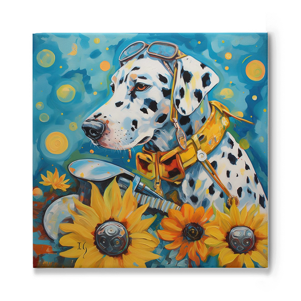 An expressive dalmatian gazes thoughtfully into the distance, adorned with stylish aviator glasses and a vivid yellow scarf. Set against a swirling backdrop of azure and gold, the canine is surrounded by radiant sunflowers, some of which bear unique mechanical details, crafting a blend of natural and steampunk elements.