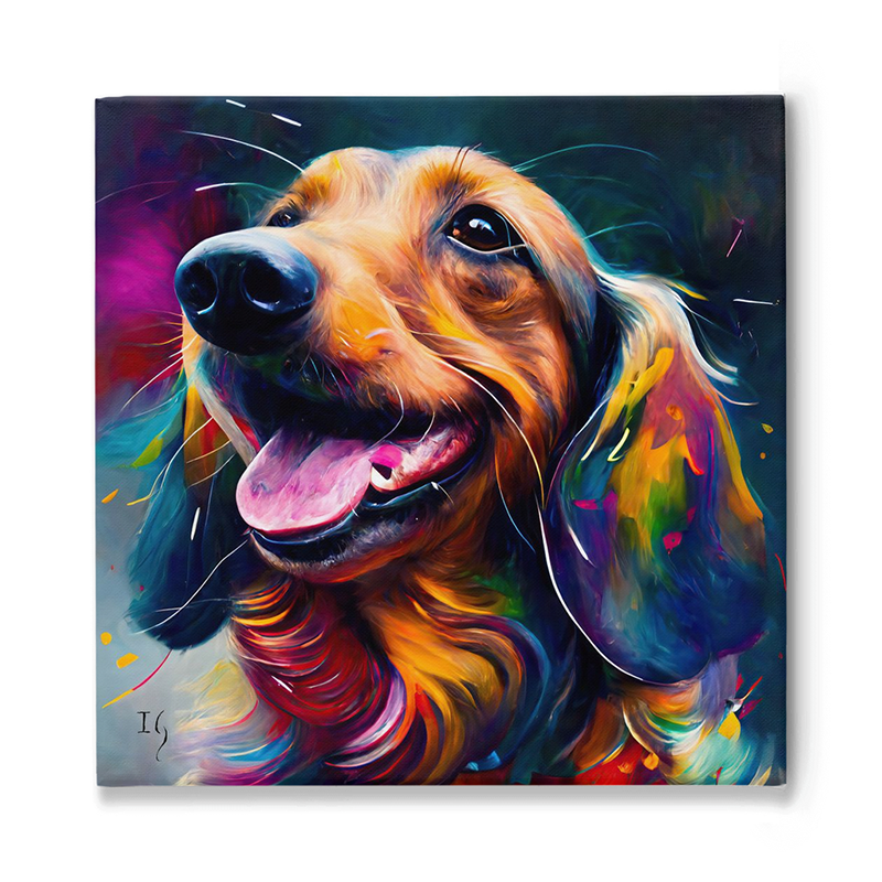 Lively digital artwork showcasing a joyful dog with golden fur, its tongue out and eyes gleaming with happiness, surrounded by a whirlwind of vivid colors and dynamic brush strokes.