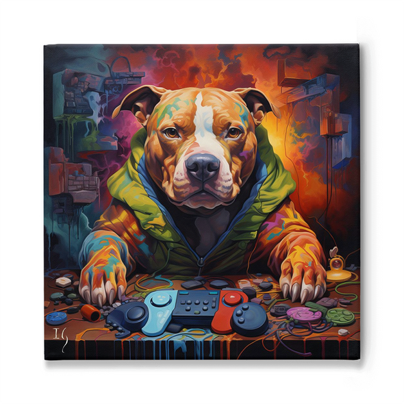 A detailed and vibrant depiction of a bulldog donning a colorful jacket, intently staring at the viewer. The canine's powerful paw rests on a table filled with an array of gaming controllers and buttons, all set against a fiery, abstract urban backdrop.
