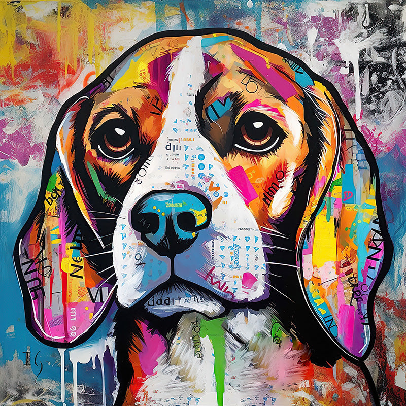 Modern art piece capturing the soulful eyes of a beagle surrounded by a burst of colors – the essence of love and loyalty.