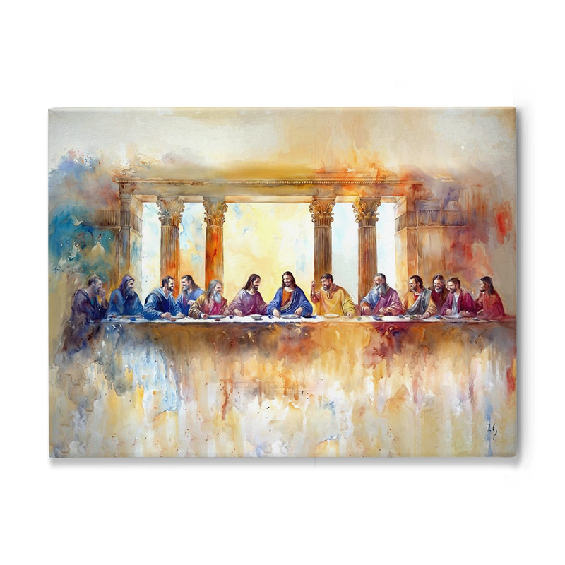Artistic painting of The Last Supper with Jesus and his disciples, featuring vibrant colors.