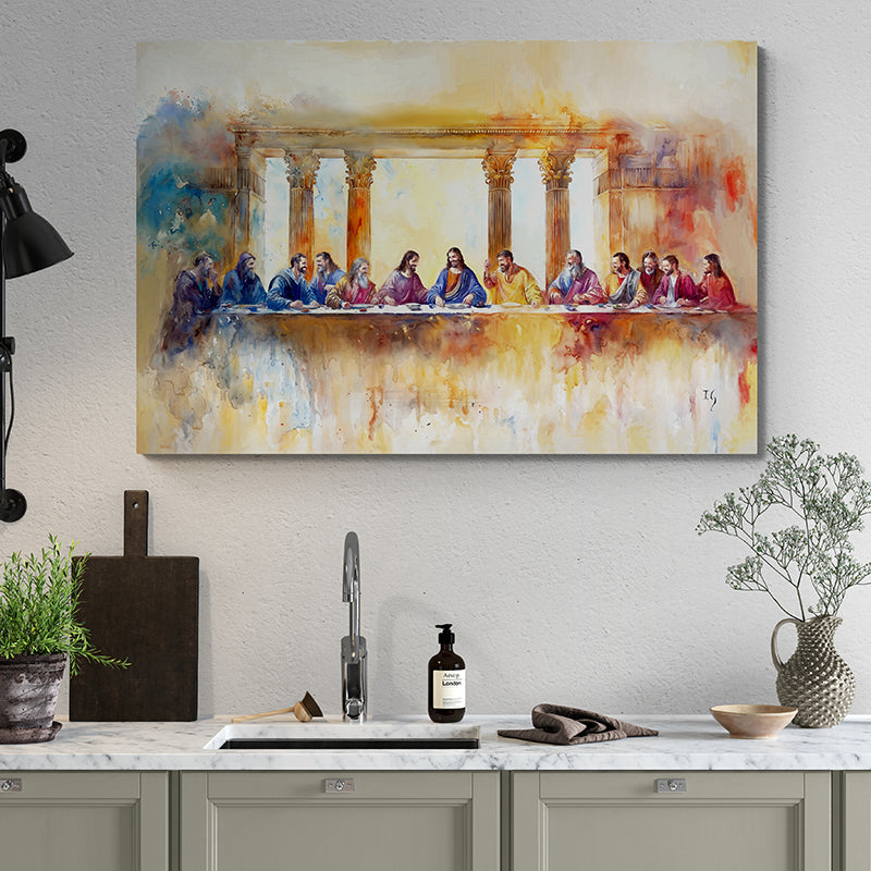 Artistic painting of The Last Supper with Jesus and his disciples, featuring vibrant colors.