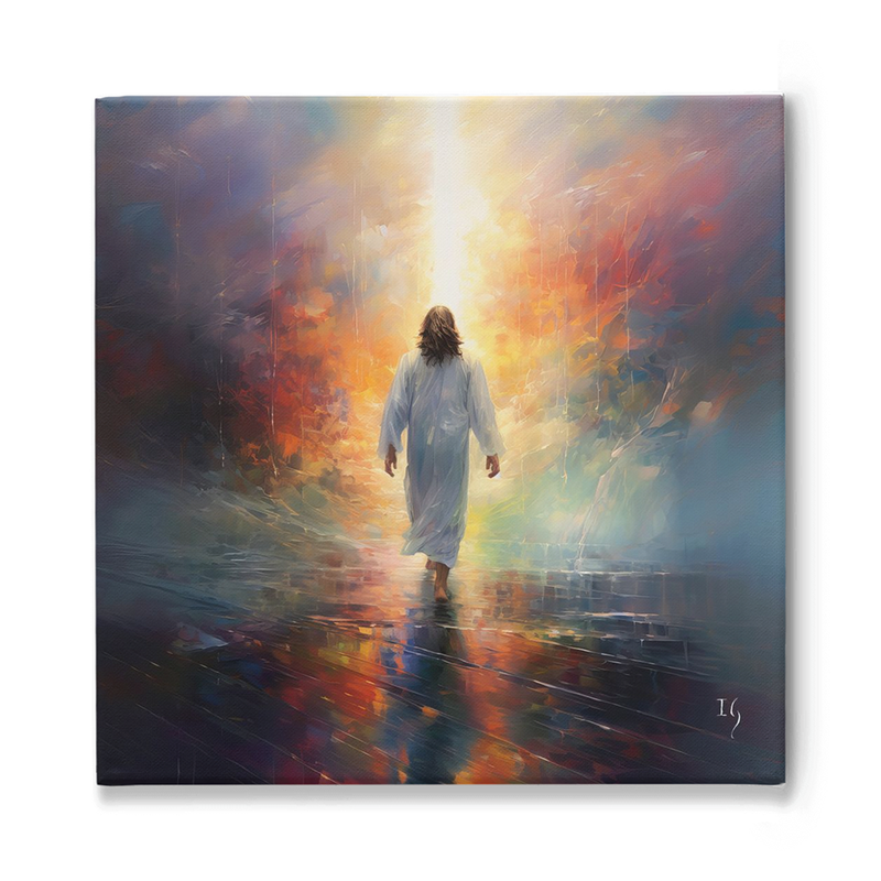 Jesus walking towards a radiant light, surrounded by vibrant colors.