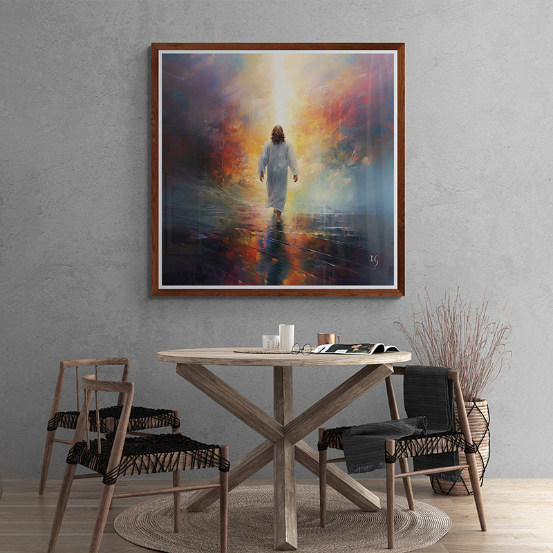 Jesus walking towards a radiant light, surrounded by vibrant colors, displayed in a modern dining area.