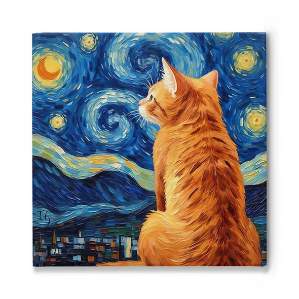 An orange feline sits contemplatively, gazing at a swirling starry night sky reminiscent of Van Gogh's 'Starry Night', with city buildings subtly outlined in the distance.