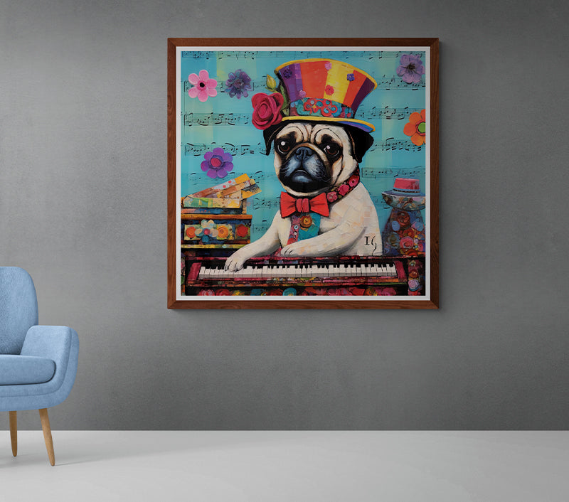 In a delightful tableau, a pug dressed in finery, complete with a decorated top hat and bowtie, prepares to play a vividly patterned piano. The surrounding space is filled with musical notes and blossoming flowers on a vivid blue backdrop, encapsulating a joyous melody of art.