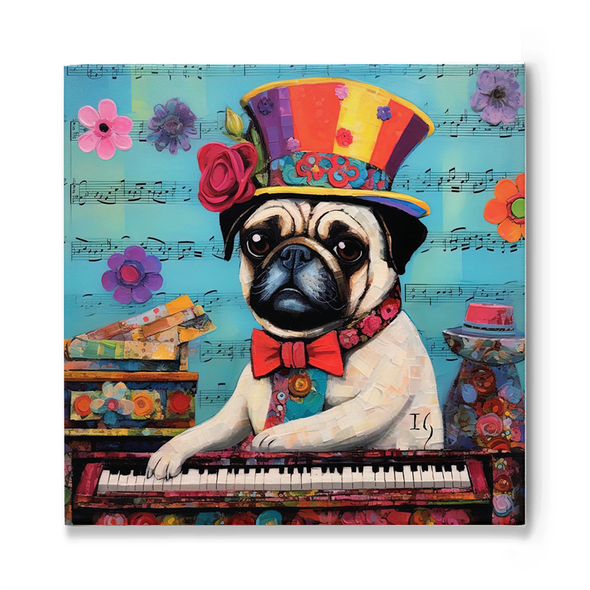 A charming pug with soulful eyes dons a vibrant top hat adorned with a rose, sitting poised in front of a colorful piano. The dog, wearing a cheerful bowtie, is set against a bright blue background decorated with sheet music notes and radiant flowers, evoking a sense of playful musicality.