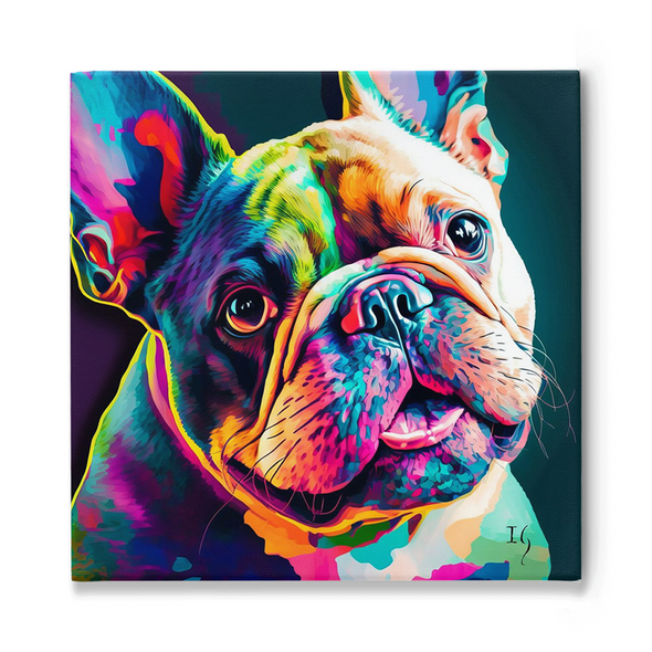 Radiant portrait of a French Bulldog awash in a spectrum of vivid colors, capturing every intricate detail from its expressive eyes to its folded snout.