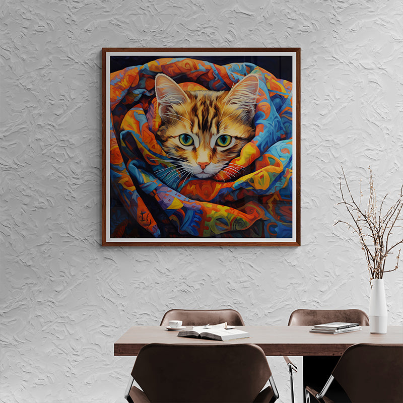 Tabby cat wrapped in a colorful blanket, displaying vibrant hues.