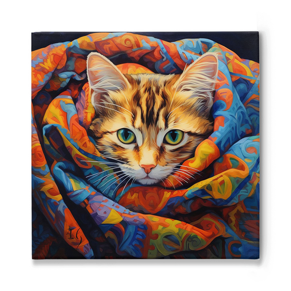 Intensely detailed calico cat, with striking green eyes, peeking out from a swirl of vivid and intricately patterned textiles.