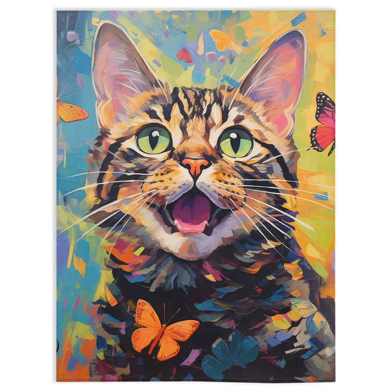 Astonished cat surrounded by swirling warm colors and monarch butterflies