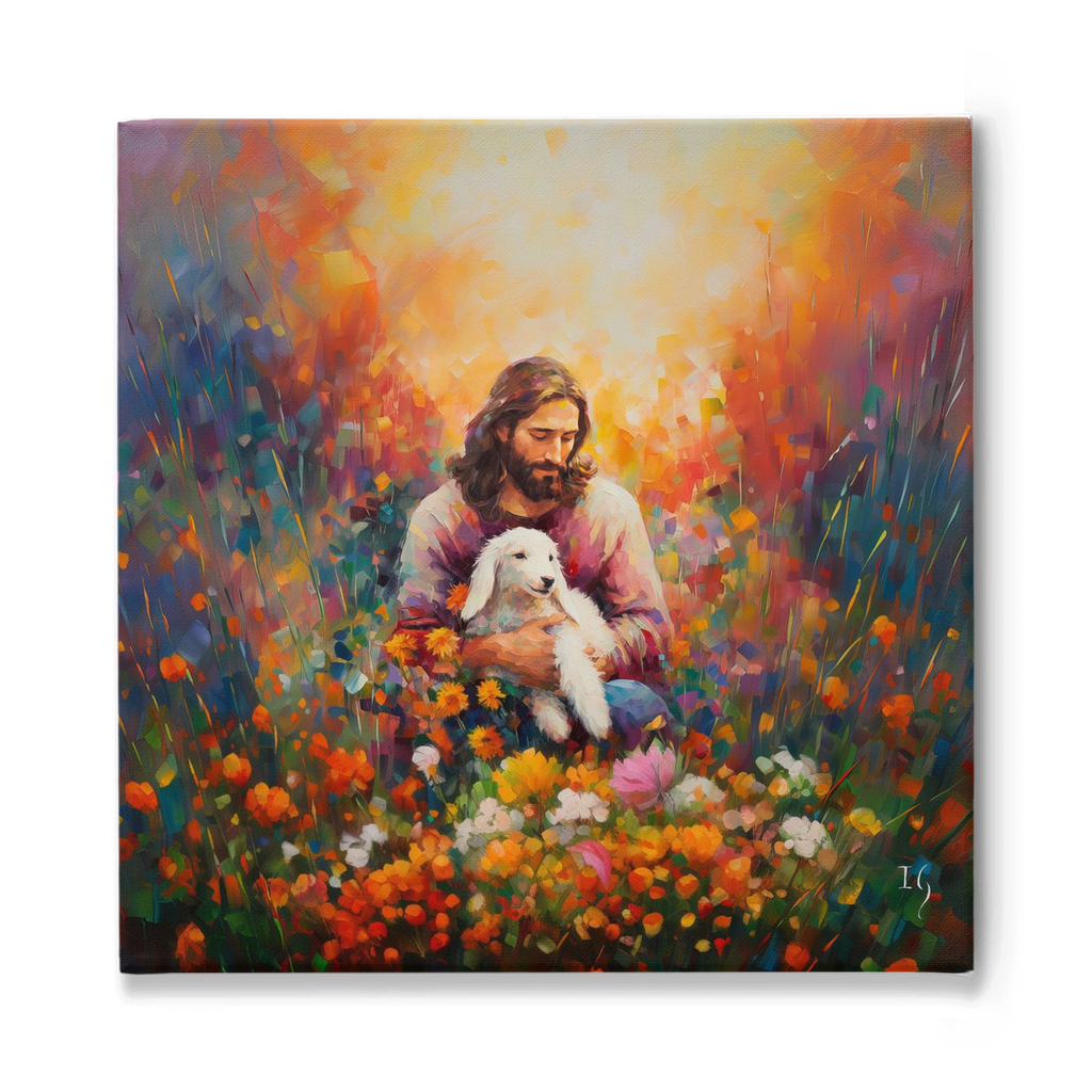 Spiritual Art: Jesus with Sheep in Orange Blossoms