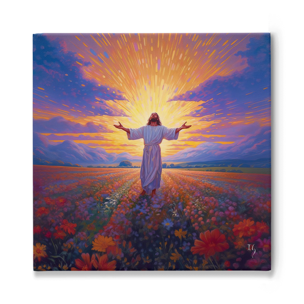 Divine Reverie: Jesus in White Robe Amidst Colorful Flower Field