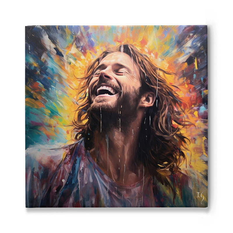 Vibrant painting of Jesus smiling, capturing divine joy and serenity.