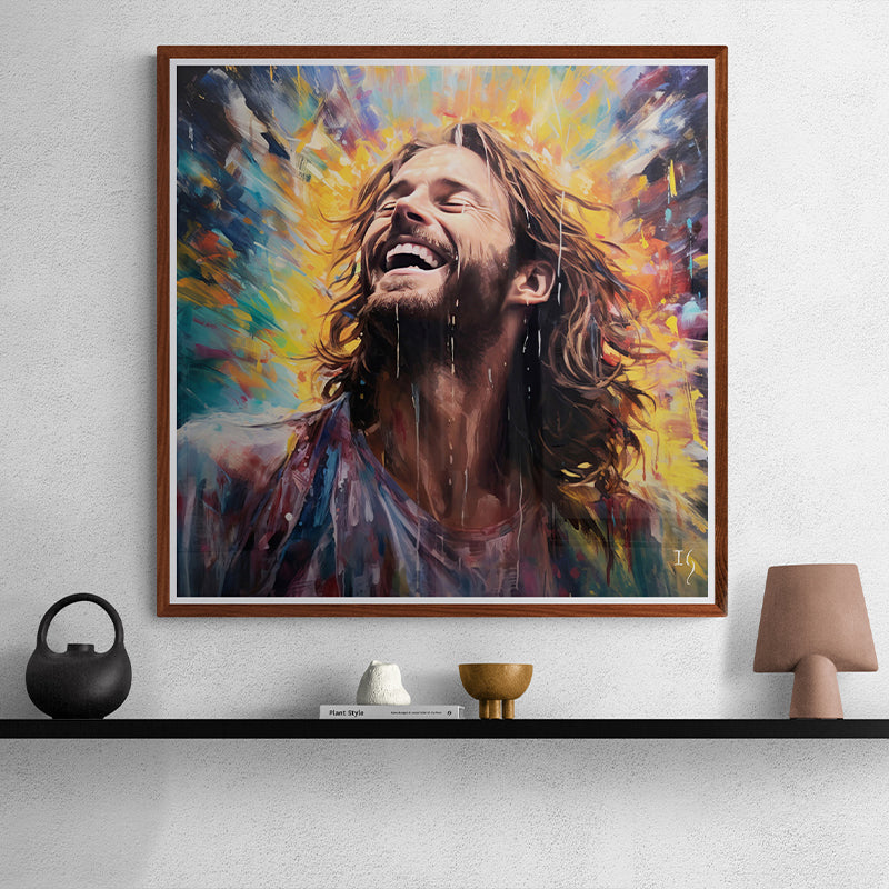 Colorful artwork of Jesus with a radiant smile, beautifully displayed in a stylish interior.