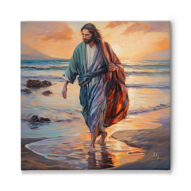 Jesus walking on the beach at sunset, capturing divine serenity.