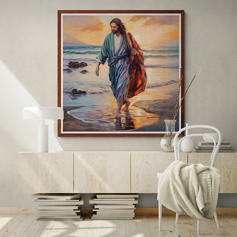 Framed painting of Jesus walking on the beach, a serene Christian decor.