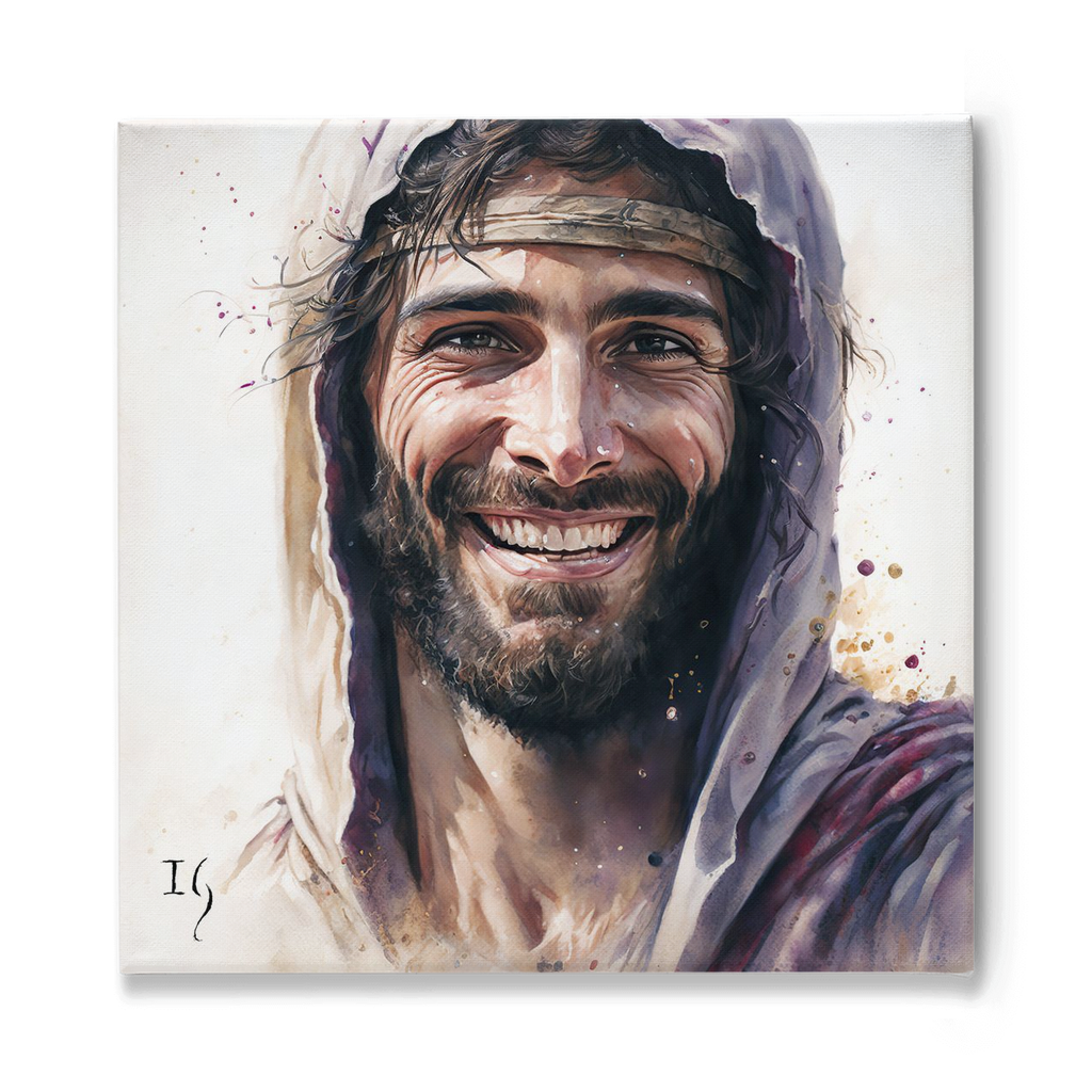 Jesus Smiling Salvation - Intricate portrait of a smiling bearded man with captivating eyes, adorned with a light-colored headwrap. A harmonious blend of traditional and contemporary art ideal for sophisticated American home settings.