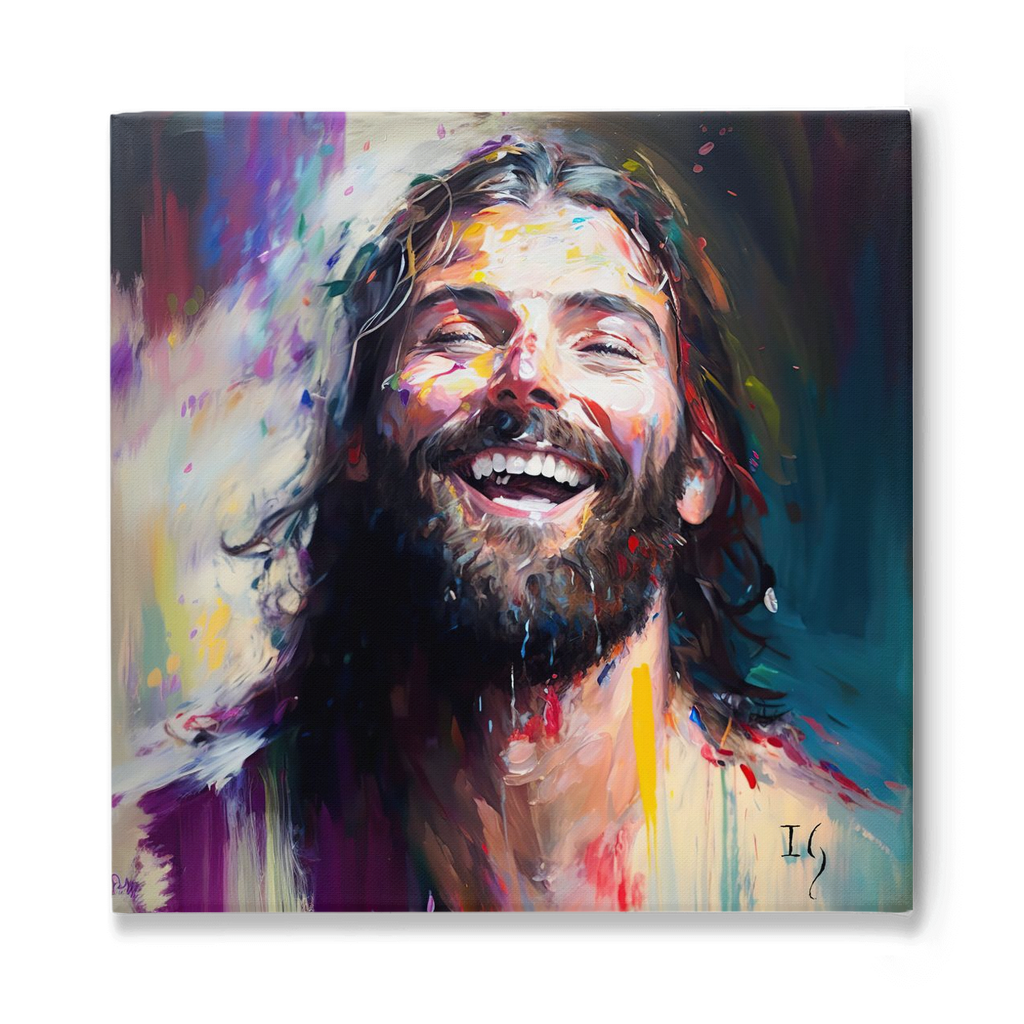 Jesus- Celestial laughter - Expressive painting of a joyful figure with a wide smile, his visage illuminated by a kaleidoscope of colors, surrounded by energetic splashes and glimmering droplets against a vivid background.