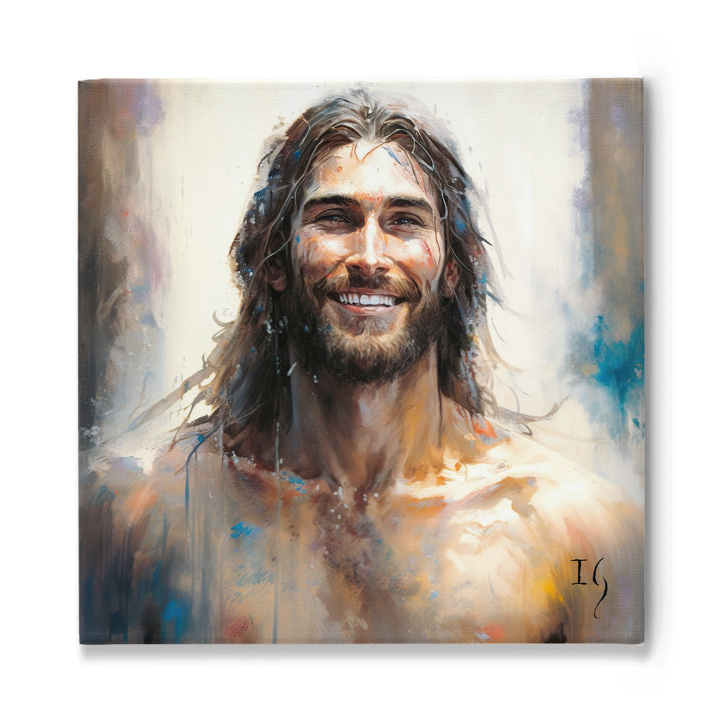 Jesus- the serene master - Detailed artwork portraying a jubilant face adorned with colorful streaks, set amidst a hazy atmosphere of light and abstract color splatters.