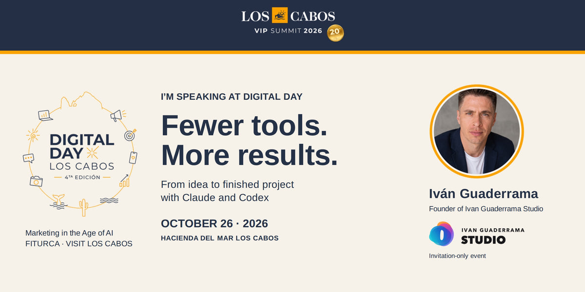 Fewer Tools, More Results: Ivan Guaderrama at Digital Day Los Cabos, Oct 26, 2026. Many dots converge into one sun