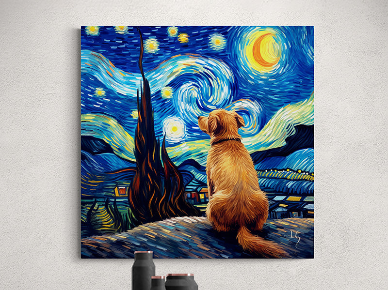 Starry Night-inspired canvas 'A Story of Stars and Night Winds' featuring a contemplative golden dog admiring the swirling celestial sky.