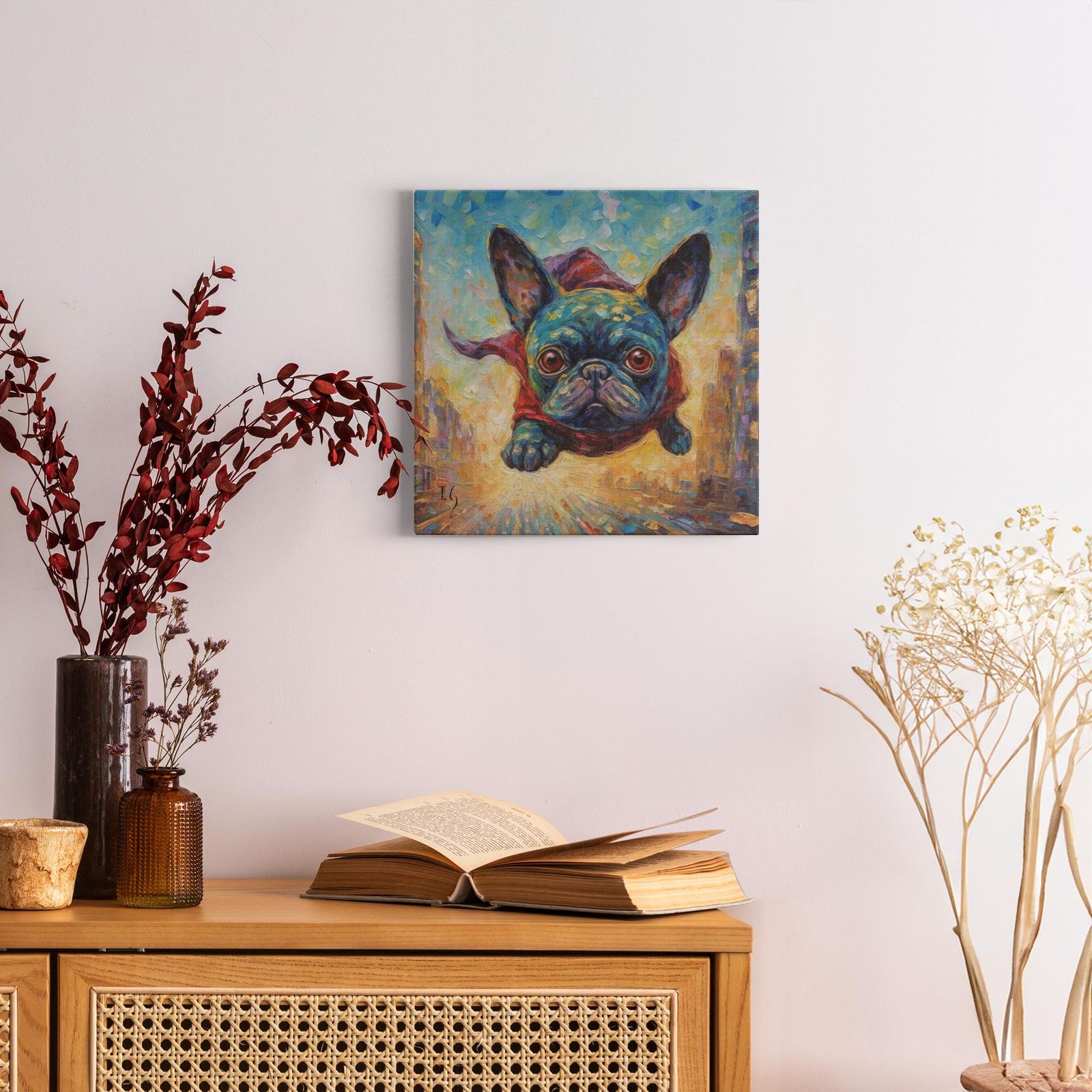 Flight of the Furry Hero artwork detail - colorful pet portrait art wall art
