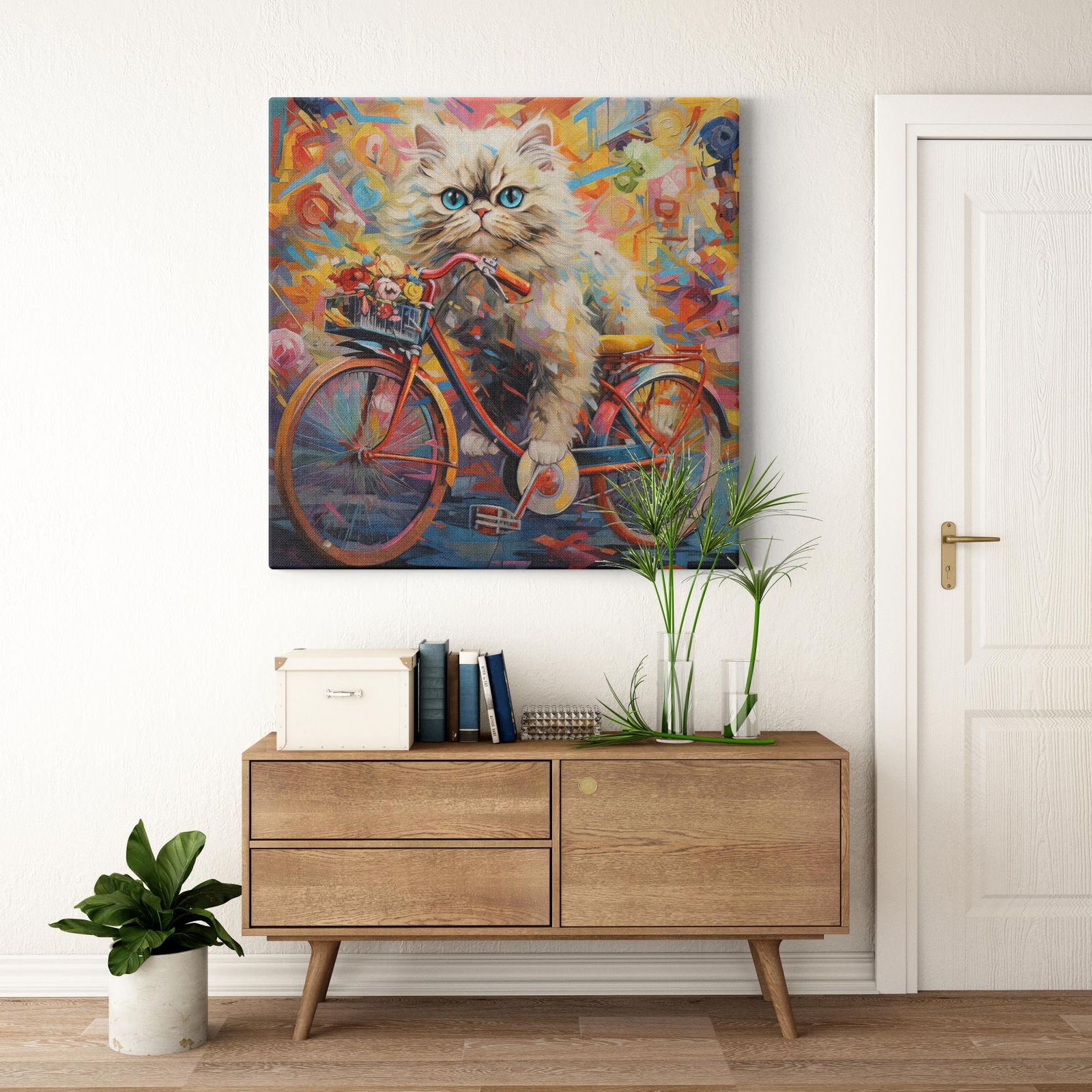 Kitten's Floral Ride artwork detail - colorful pet portrait art wall art