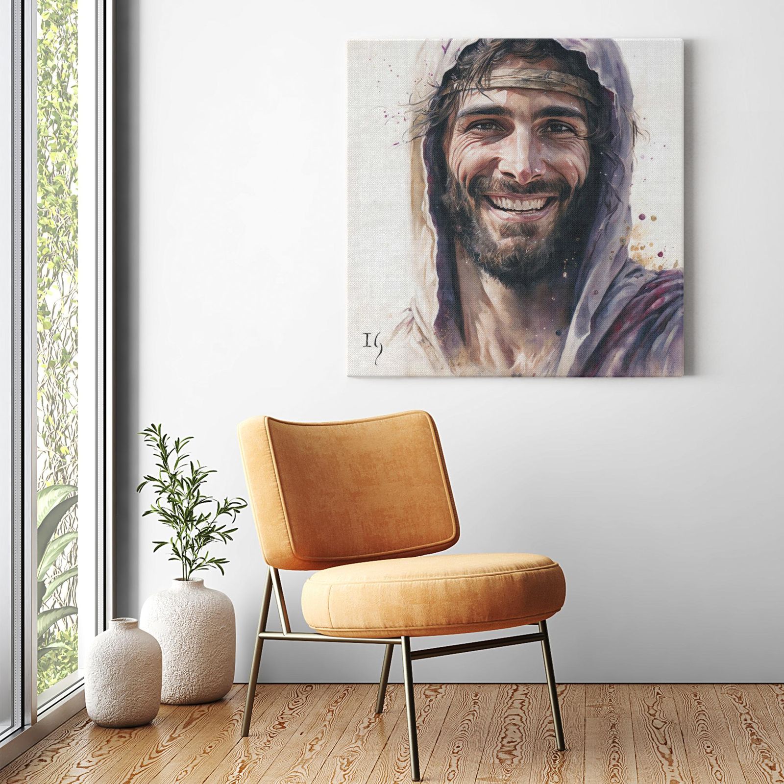 Smiling Jesus canvas print displayed in modern living room - Christian wall art home decor
